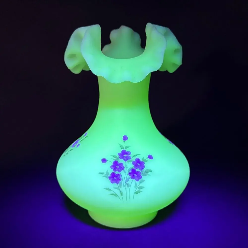 Vintage Fenton Satin Flowers Glass Vase Uranium Glows 7